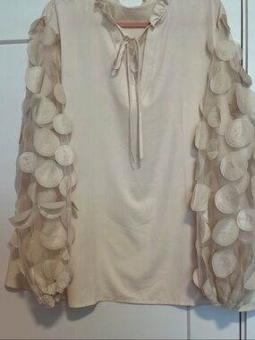 Sheer Dot Sleeve Tie Neck Blouse - Cream Plus size